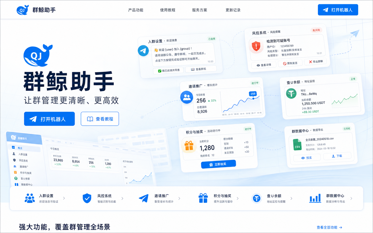 群鲸助手欢迎设置、风险提醒、邀请增长、查U监听、积分抽奖和数据导出功能展示